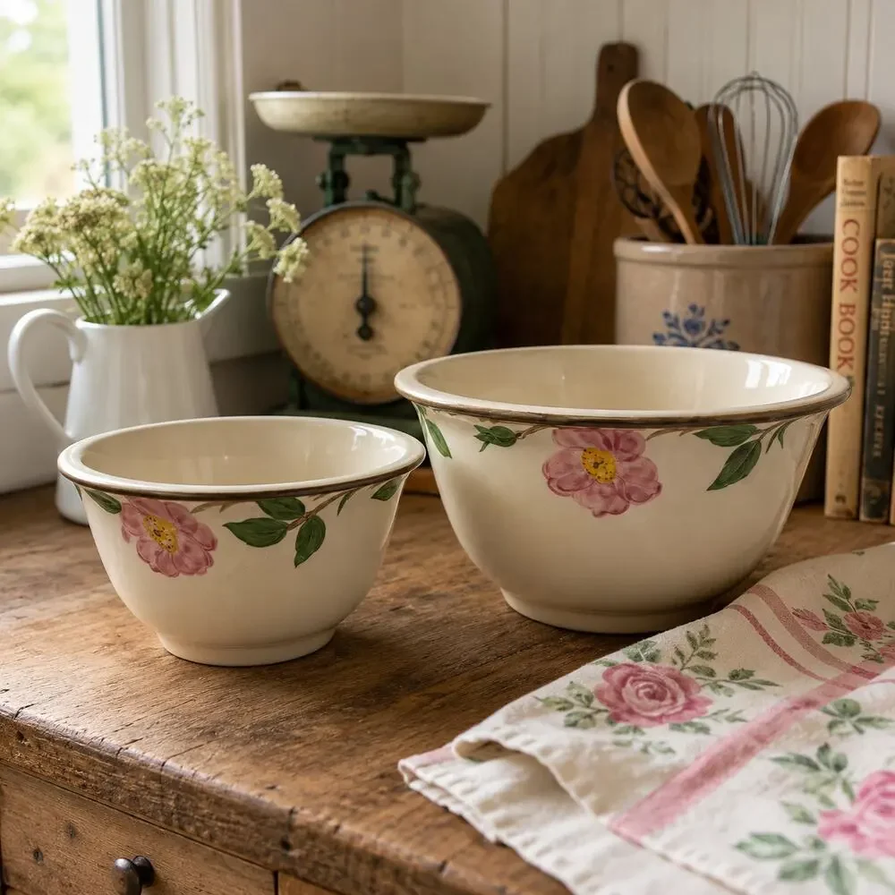 Vintage Franciscan Desert Rose Mixing Bowls Set 2 California Hand Decorated
